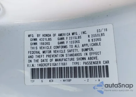 2016 Honda Accord Sport from USA, damaged, VIN 1HGCR2F51GA177681